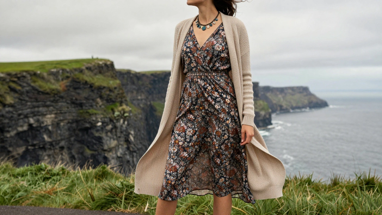 Woman in floral dress with open cardigan at Cliffs of Moher