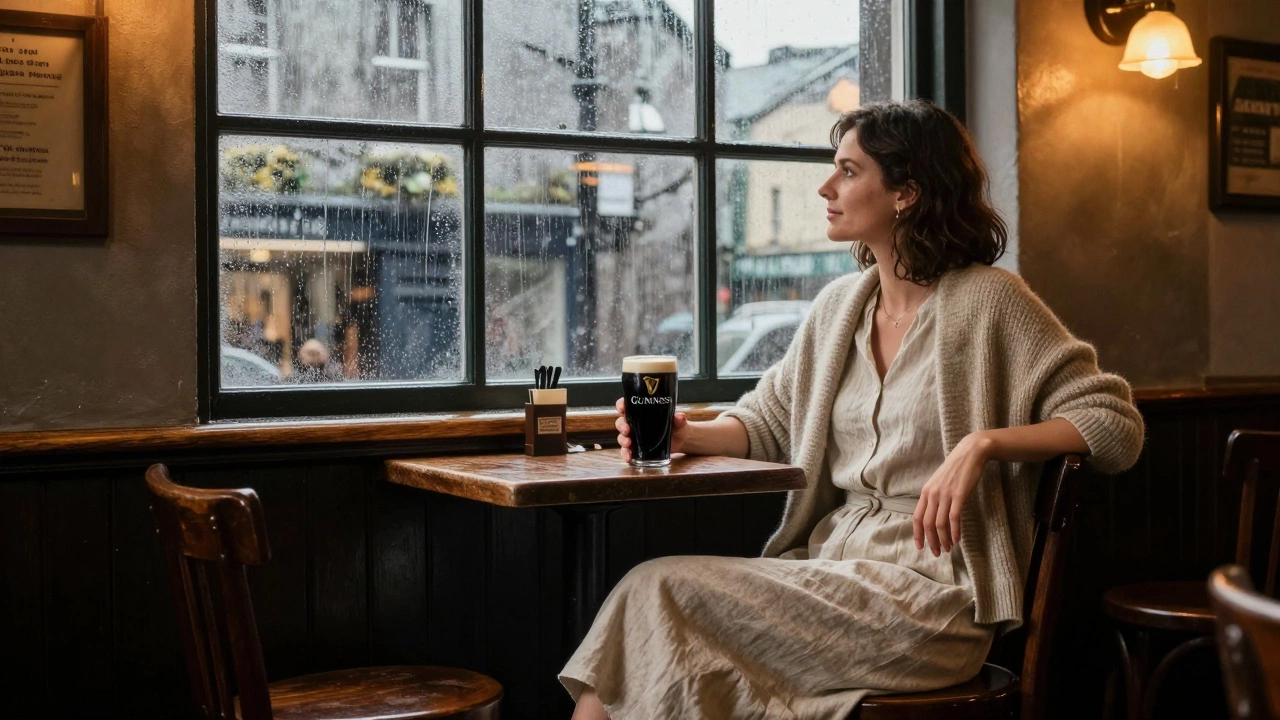 Woman in linen dress and cardigan relaxing in a cozy Irish pub during rain
