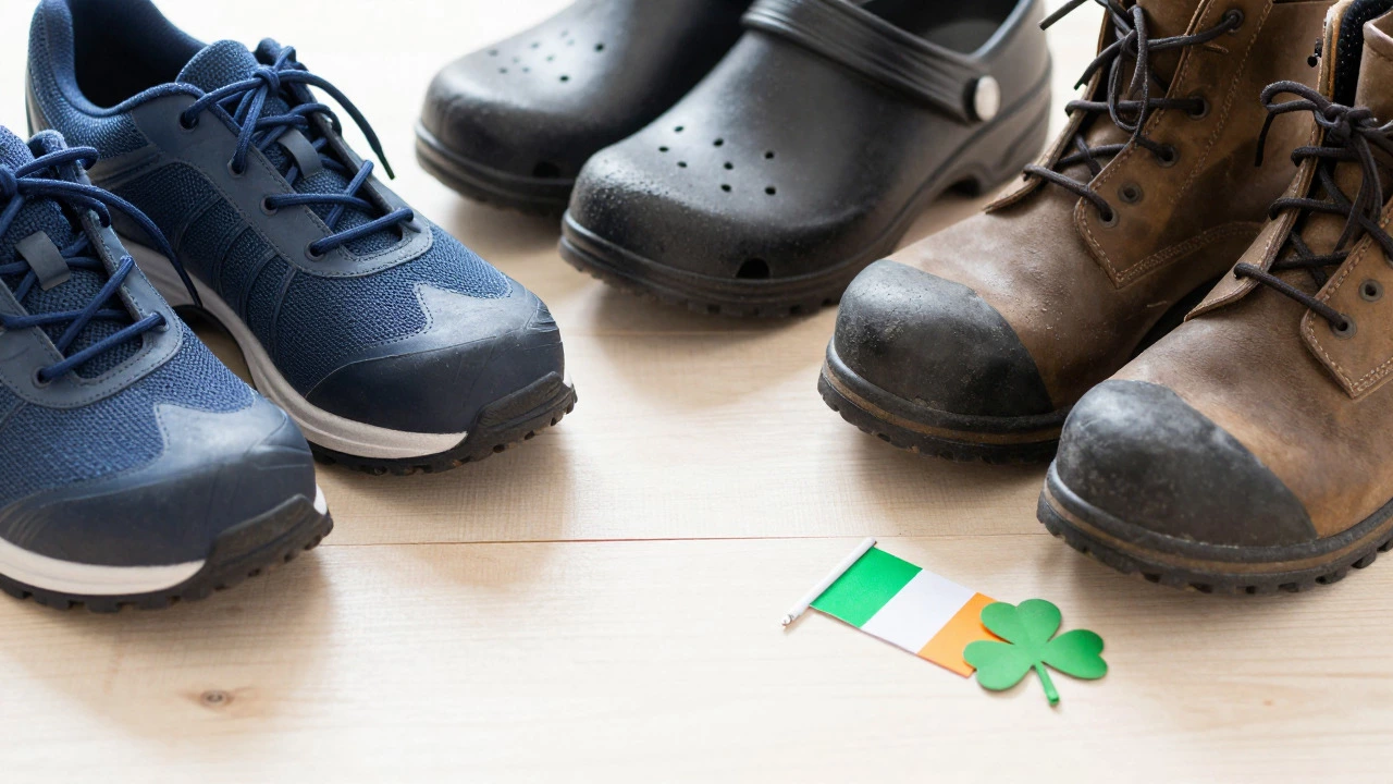Assorted comfortable work shoes on wooden surface
