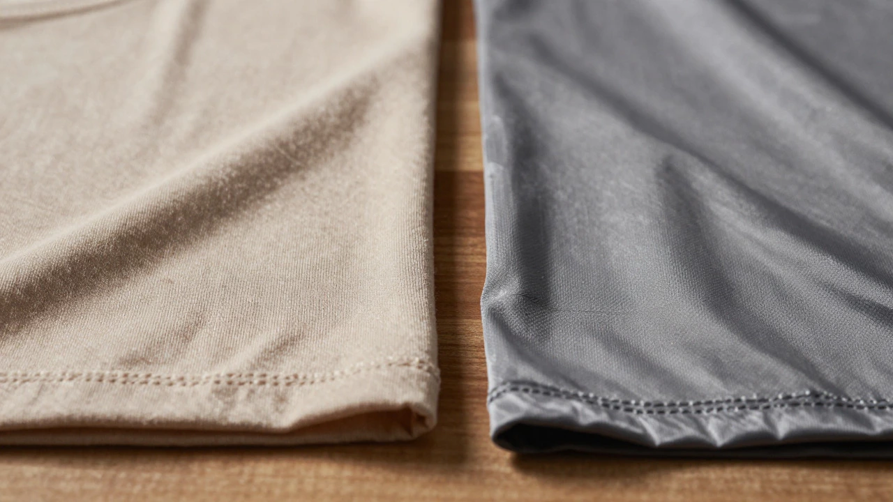 Close-up comparison of cotton blend vs synthetic athletic fabric textures