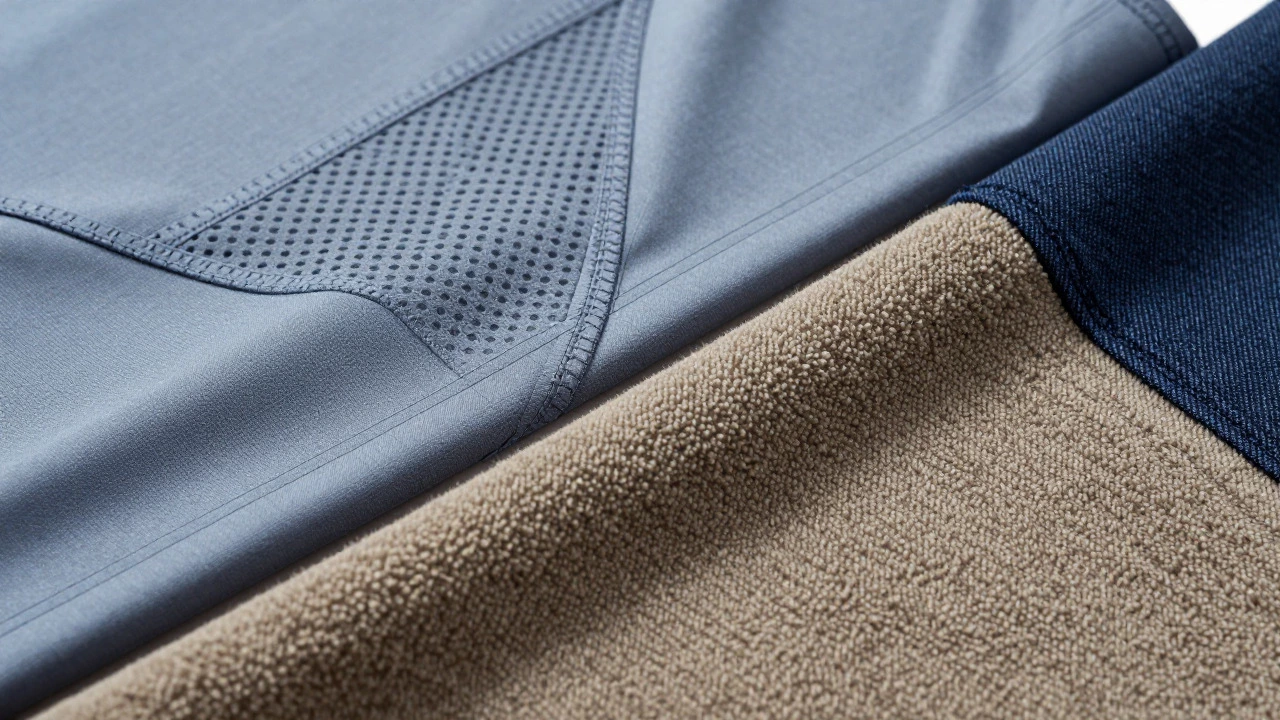 Close-up comparison of synthetic sportswear fabric and heavy cotton streetwear material