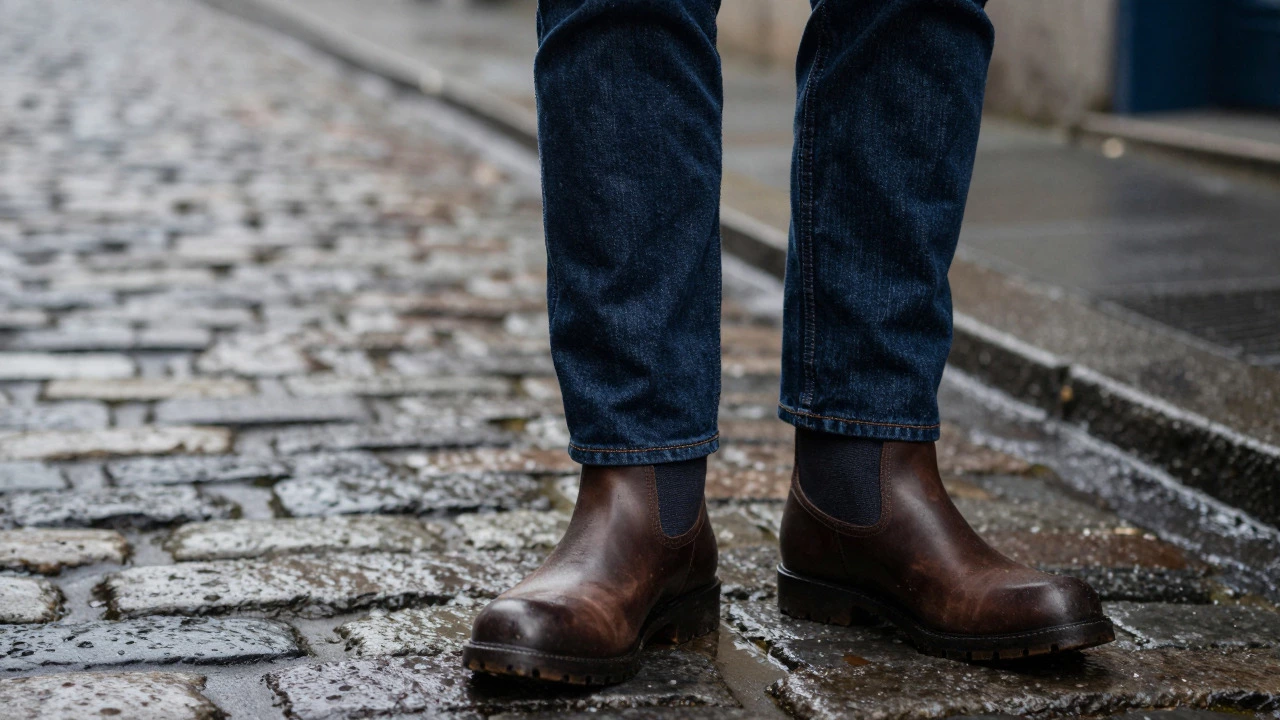 Close-up of bootcut jeans and leather boots on wet cobblestones