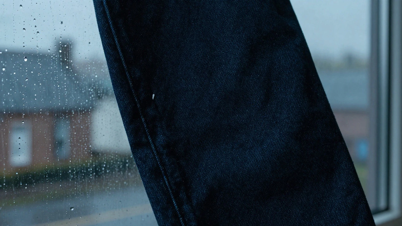 Close-up of durable dark denim fabric against a rainy window pane.