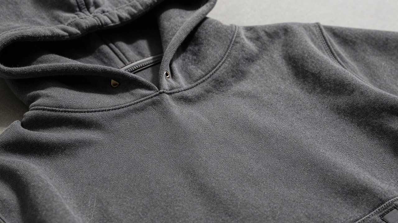 Close-up of flatlock stitching and reinforced seams on a quality hoodie