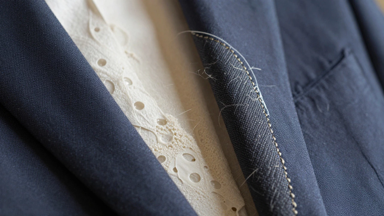 Close up of suit lapel showing fused glue construction versus hand-stitched horsehair canvas.