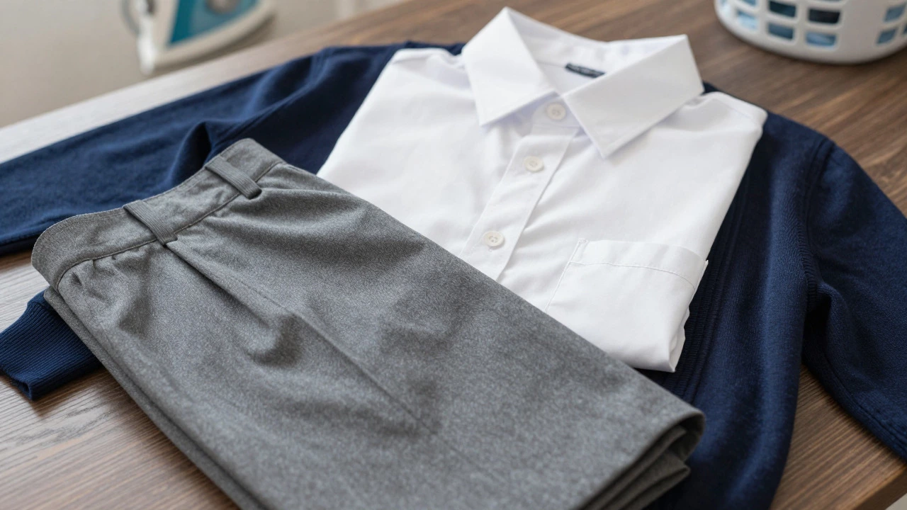 Close-up of white shirt, grey trousers, and navy cardigan uniform items