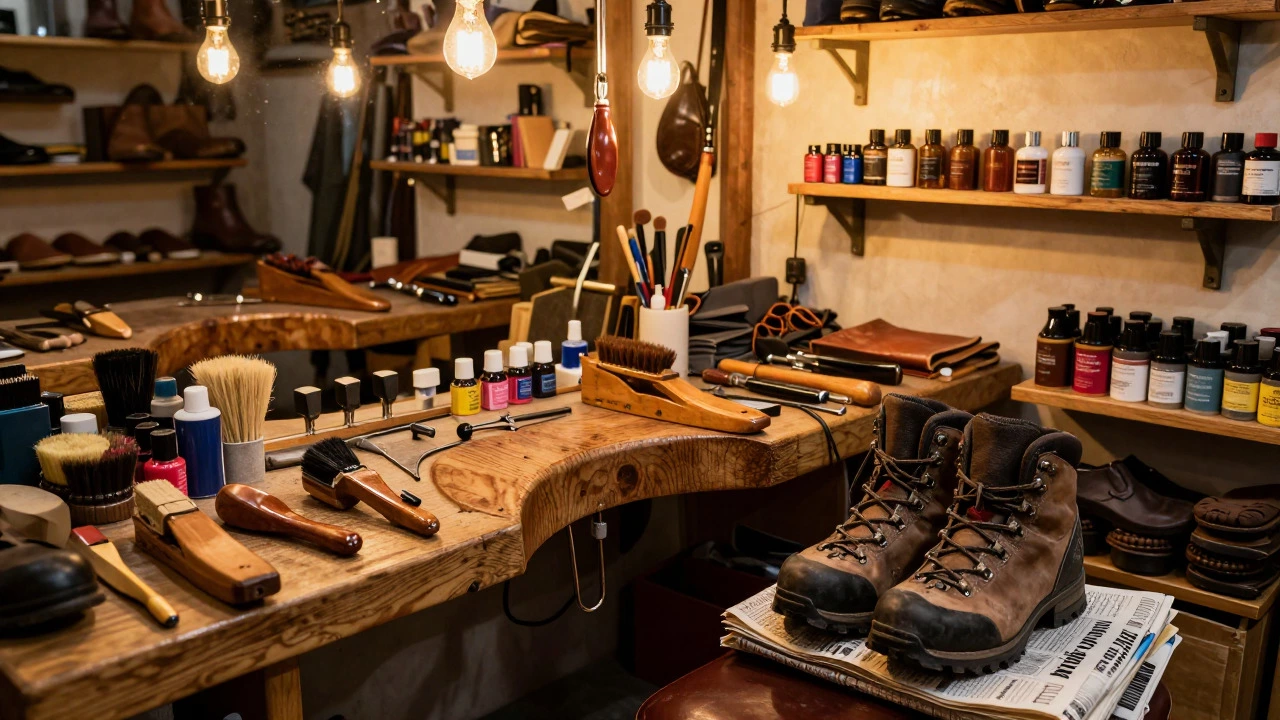Cobbler workshop with shoe stretchers and leather care tools