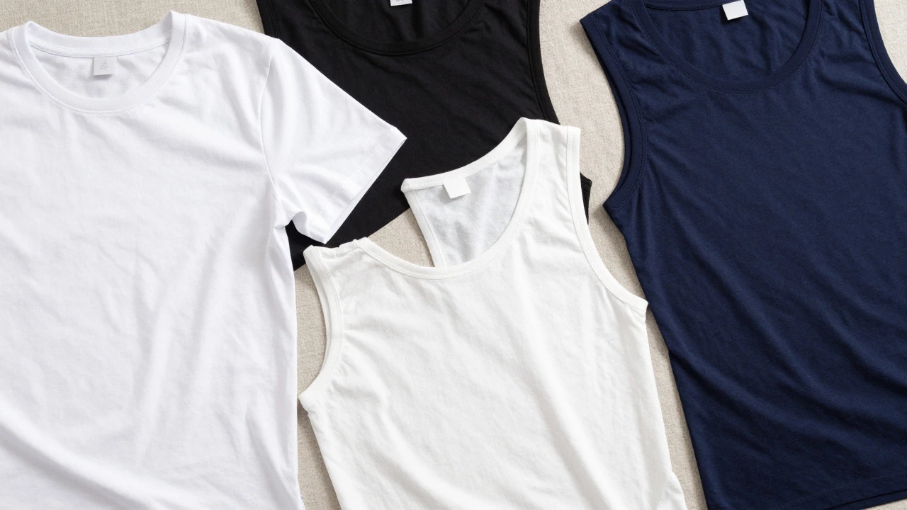 Flat lay of fitted, muscle, and slim fit tees