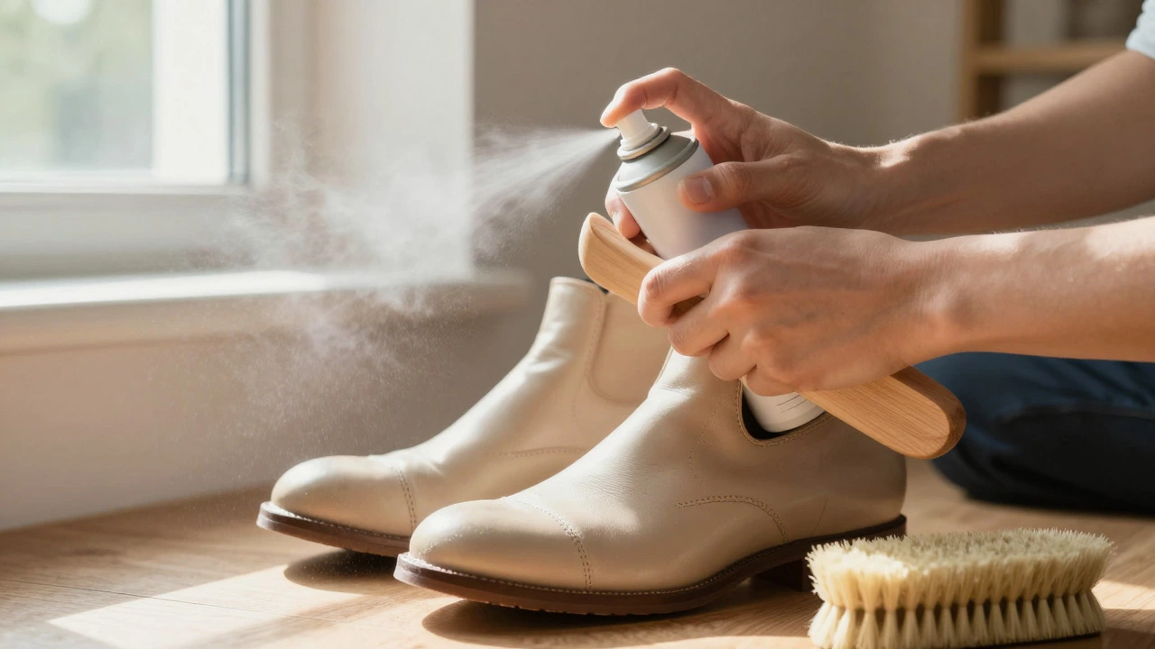 Hands applying waterproofing spray to leather boots with a cedar shoe tree
