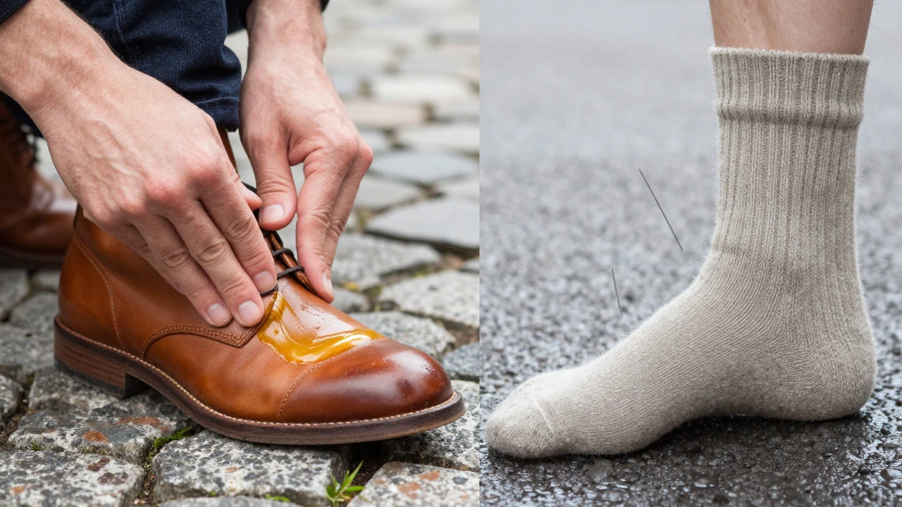 Hands conditioning leather and wearing thick socks to break in shoes