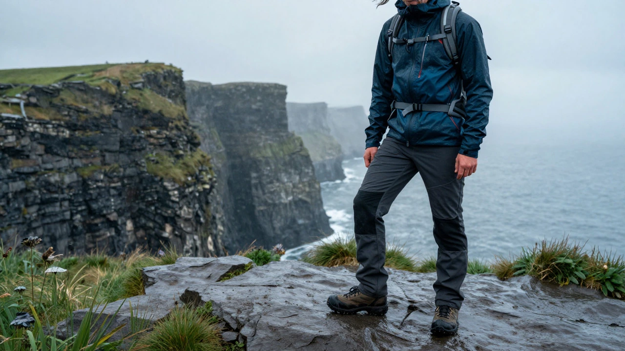 Hiker in technical gear standing on rainy Irish cliffs