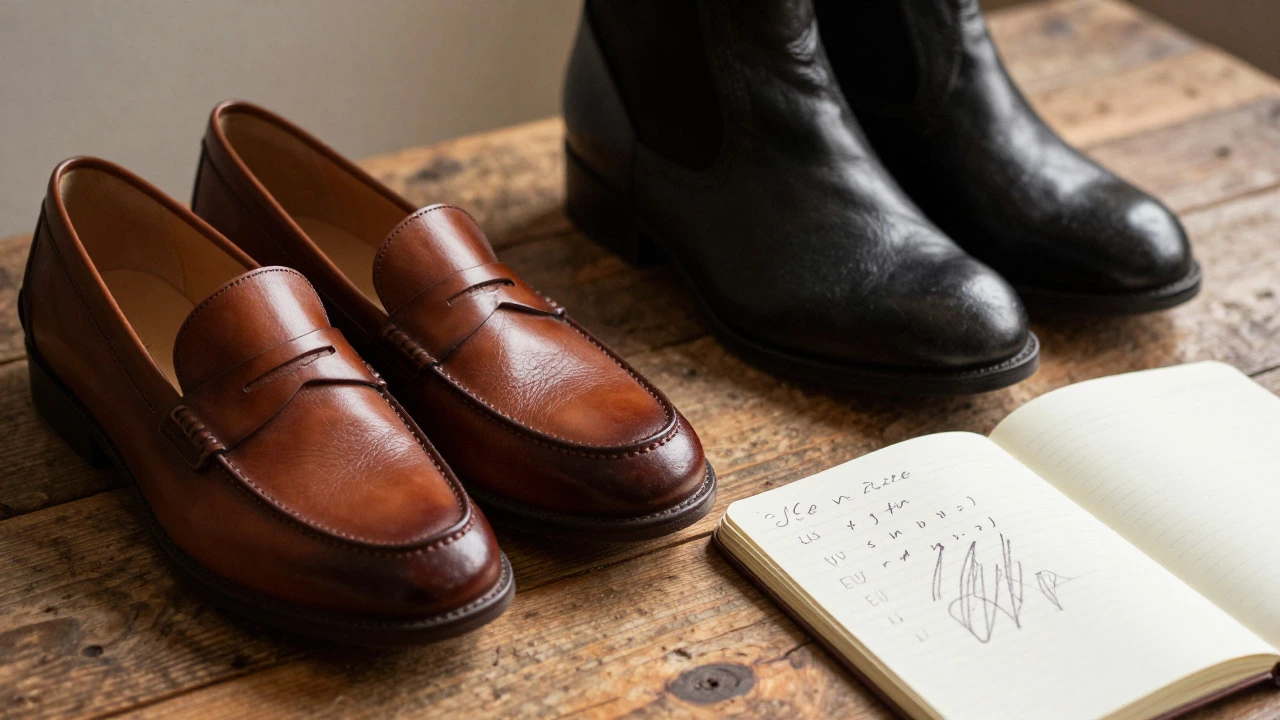 Leather loafers and boots next to sizing notes on wood