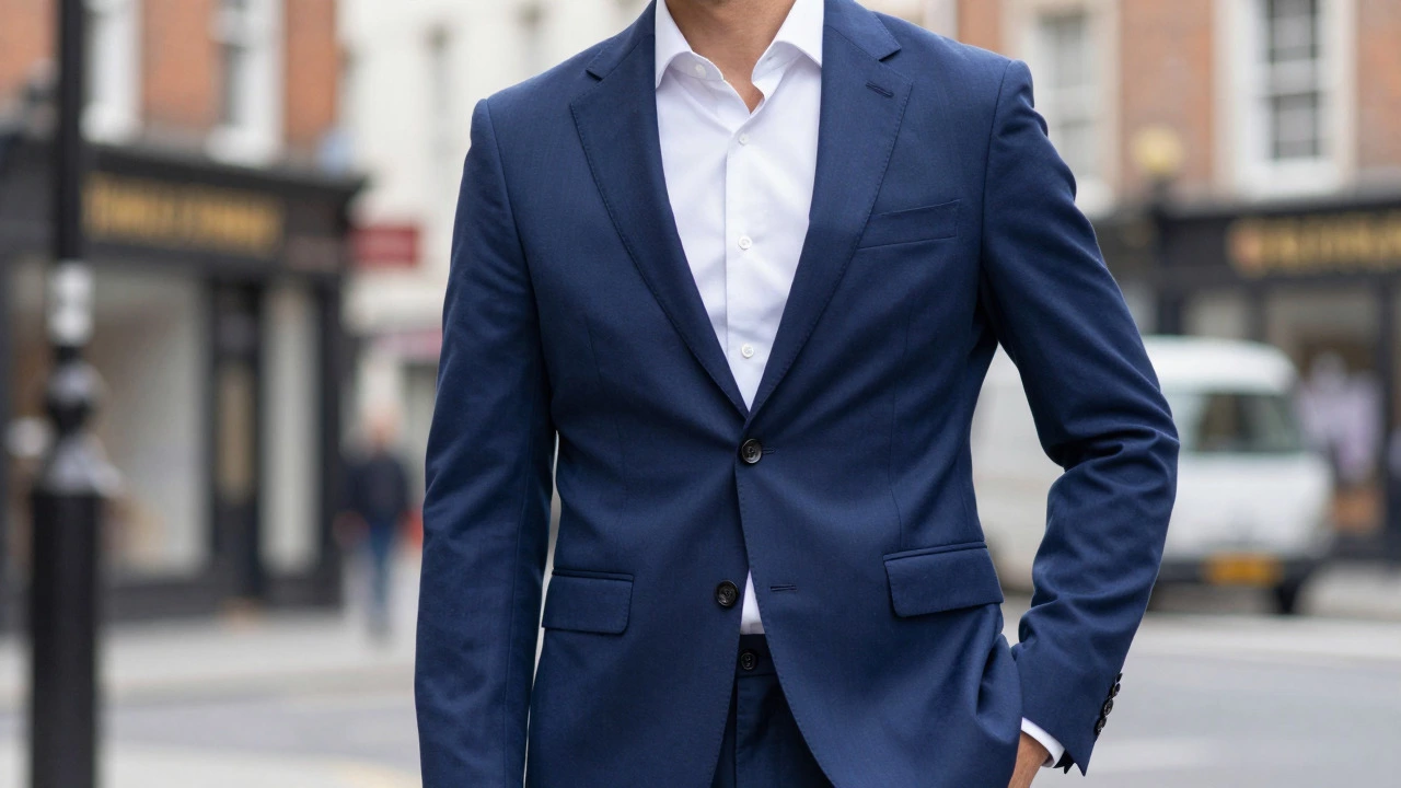 Man wearing well-fitted navy suit in Dublin