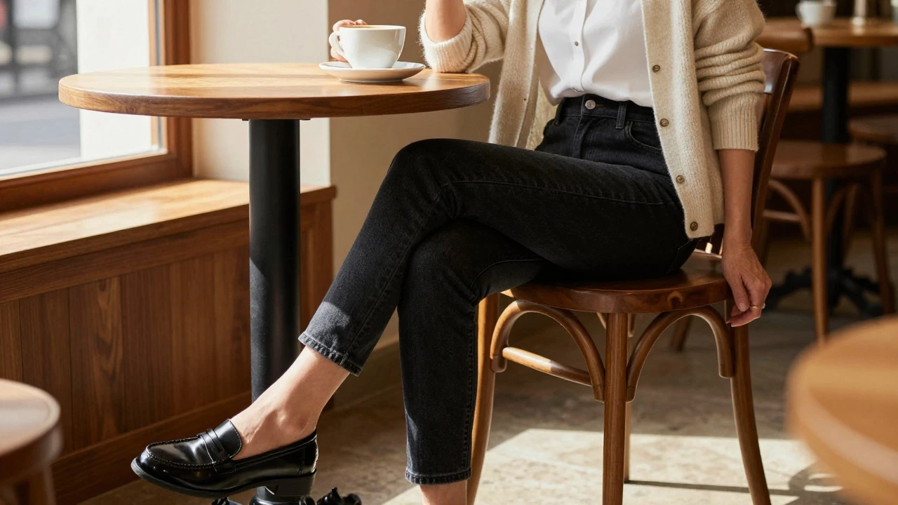 Mature woman in black high-rise jeans sitting in a cozy cafe