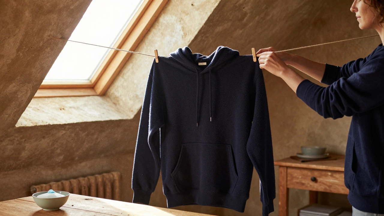 Navy hoodie air-drying on a line in a sunlit attic room