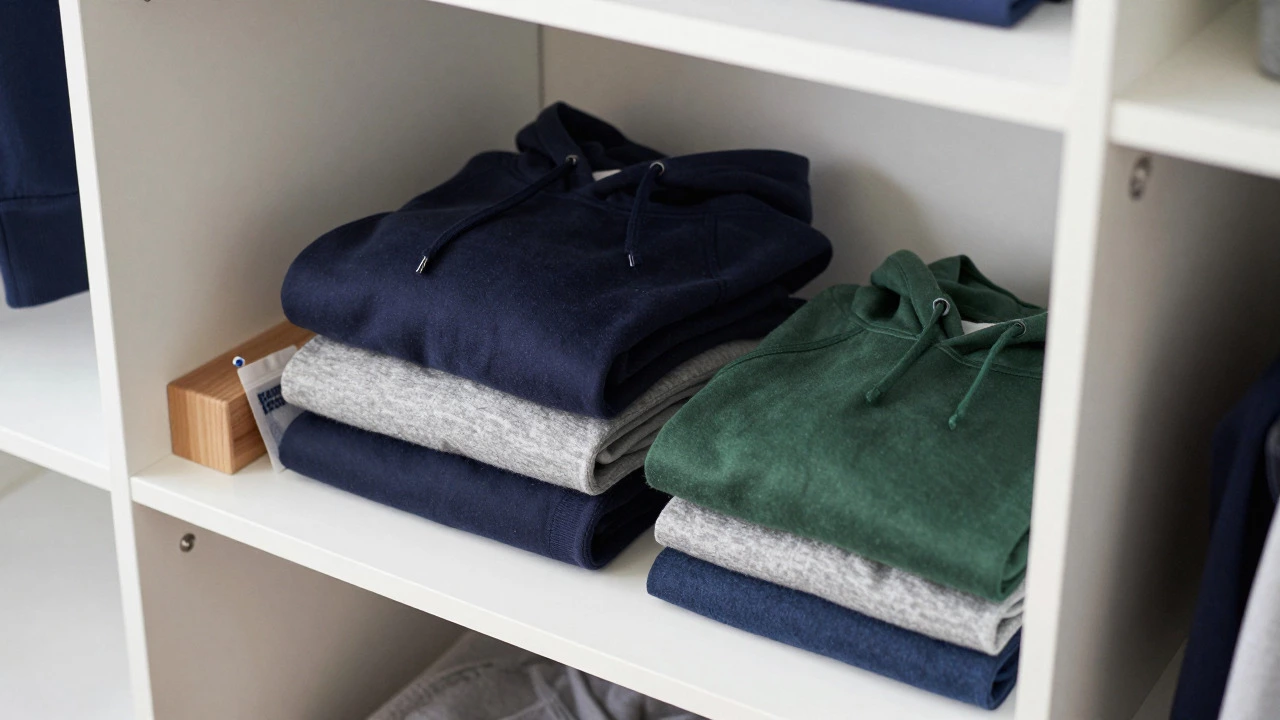 Neatly folded hoodies stacked on a shelf with cedar blocks