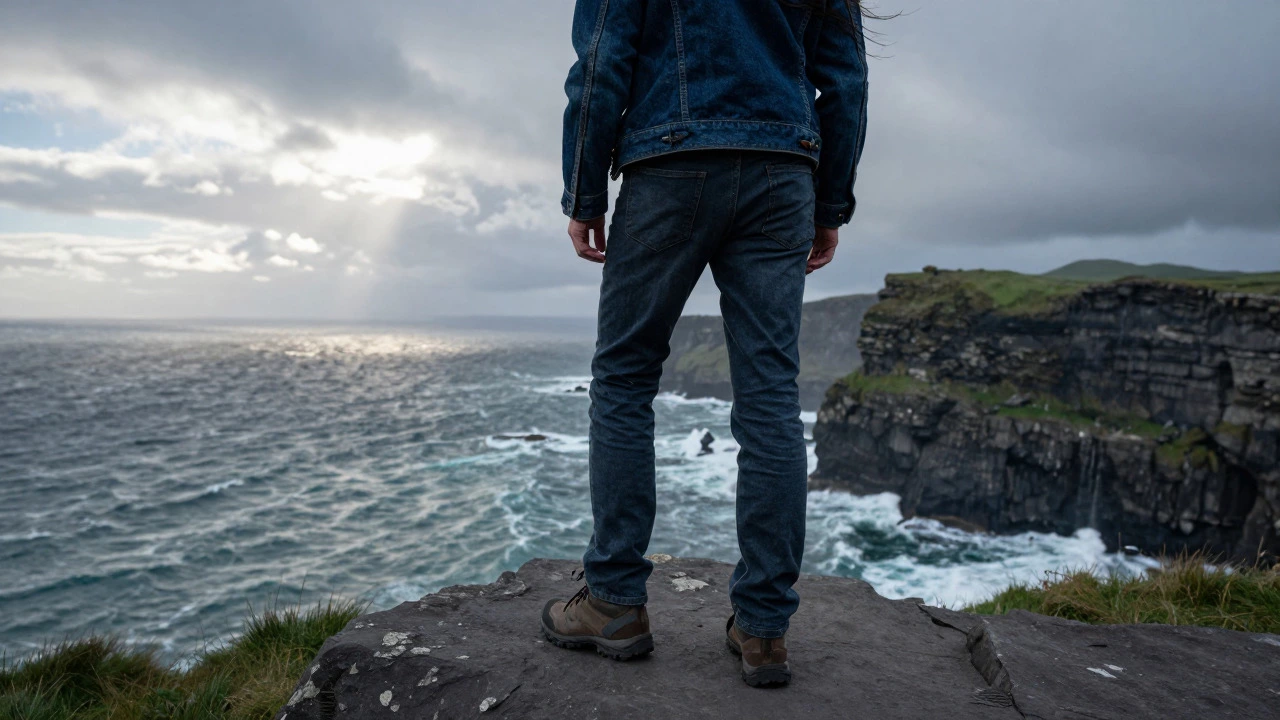 Person in jeans and boots standing on the Cliffs of Moher