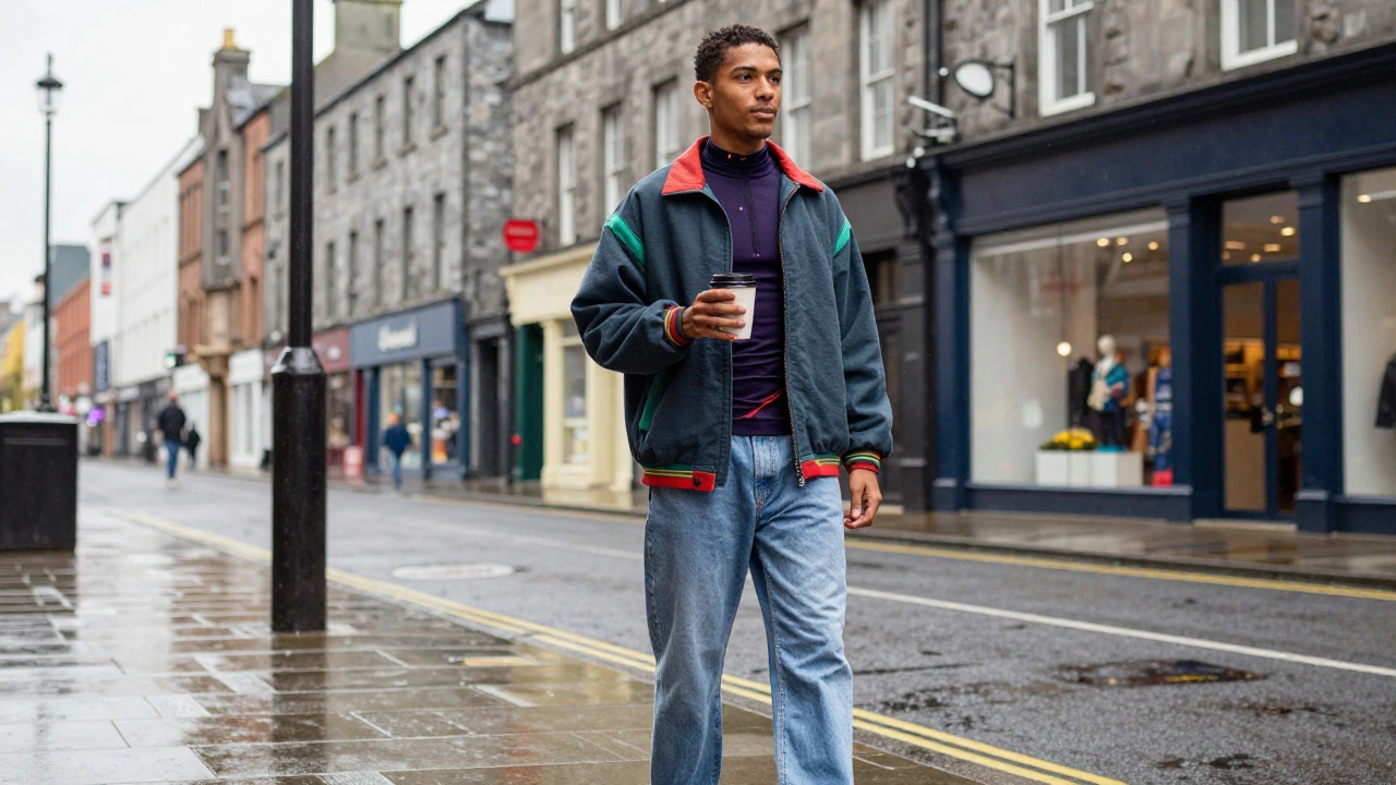 Person in mixed streetwear and sportswear outfit walking in an Irish city center