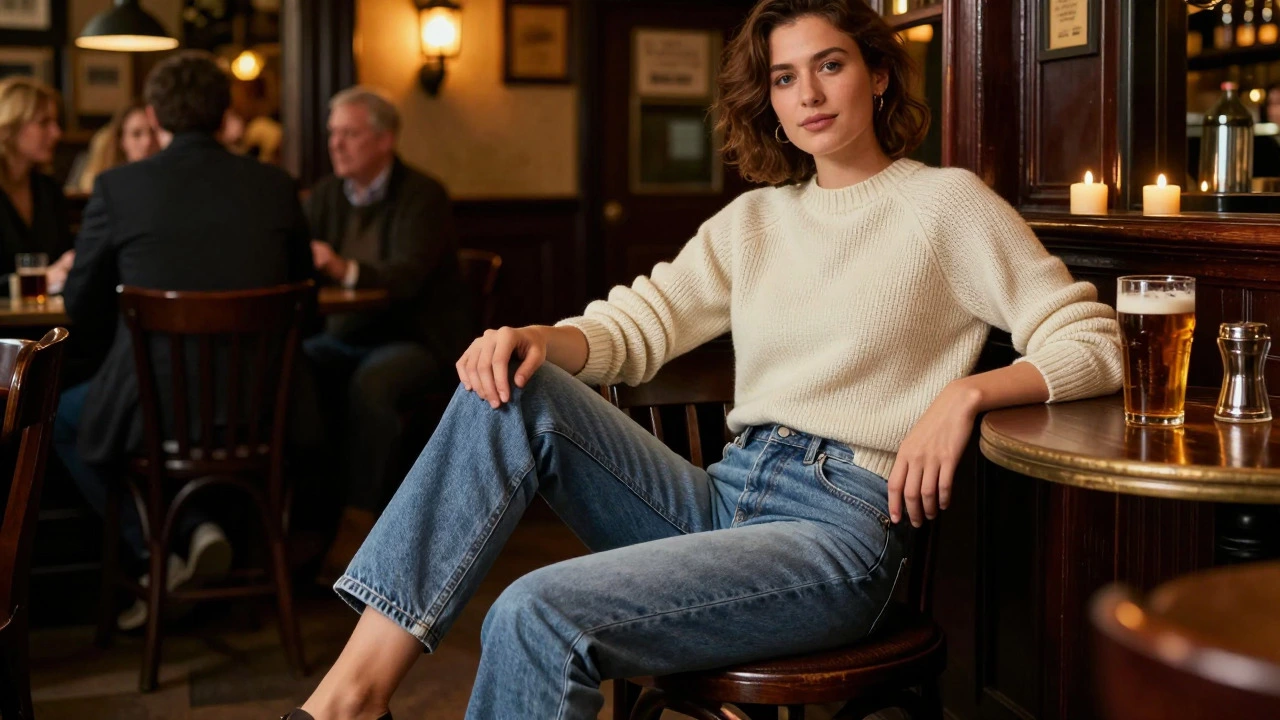 Person in smart-casual jeans relaxing in a cozy, dimly lit Irish pub.