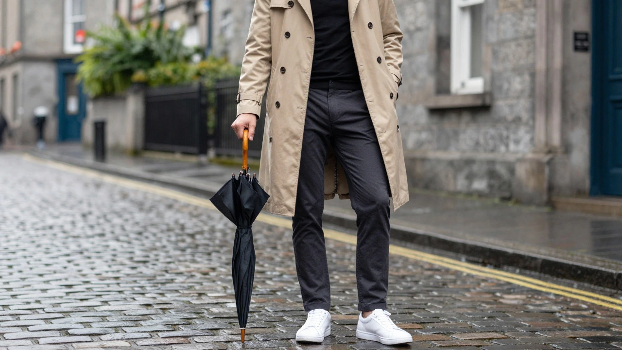 Person wearing a black t-shirt under a beige trench coat standing on a rainy street