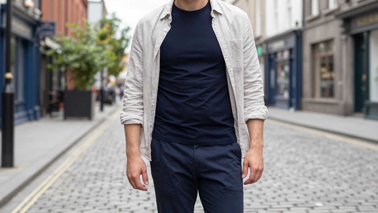 Person wearing a layered navy slim-fit tee on an Irish city street