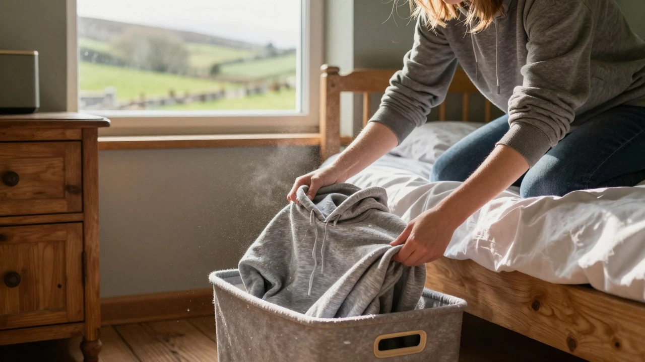 Placing an air-dried hoodie into a storage bin in a rural home