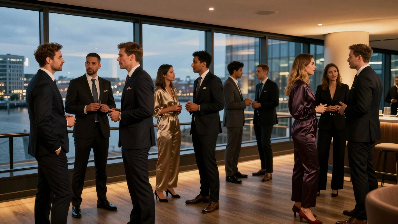 Professionals networking at Dublin dockland event