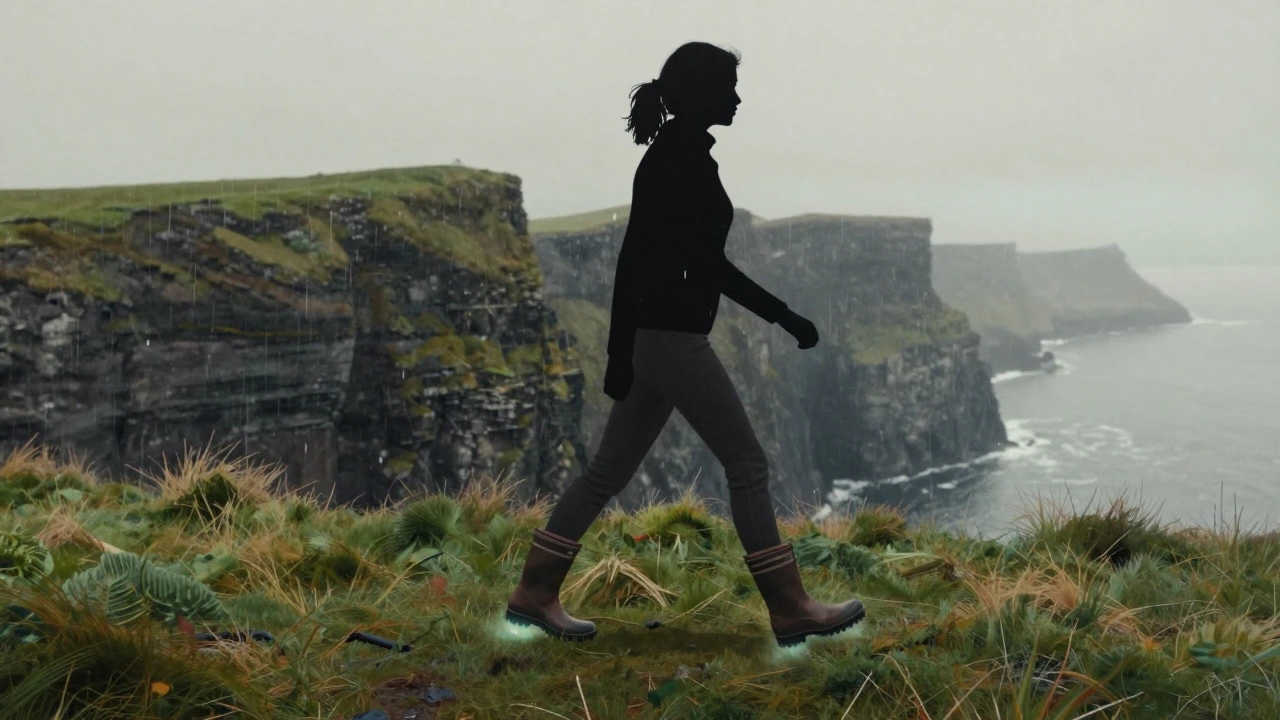 Silhouette walking in rain with glowing comfortable shoes