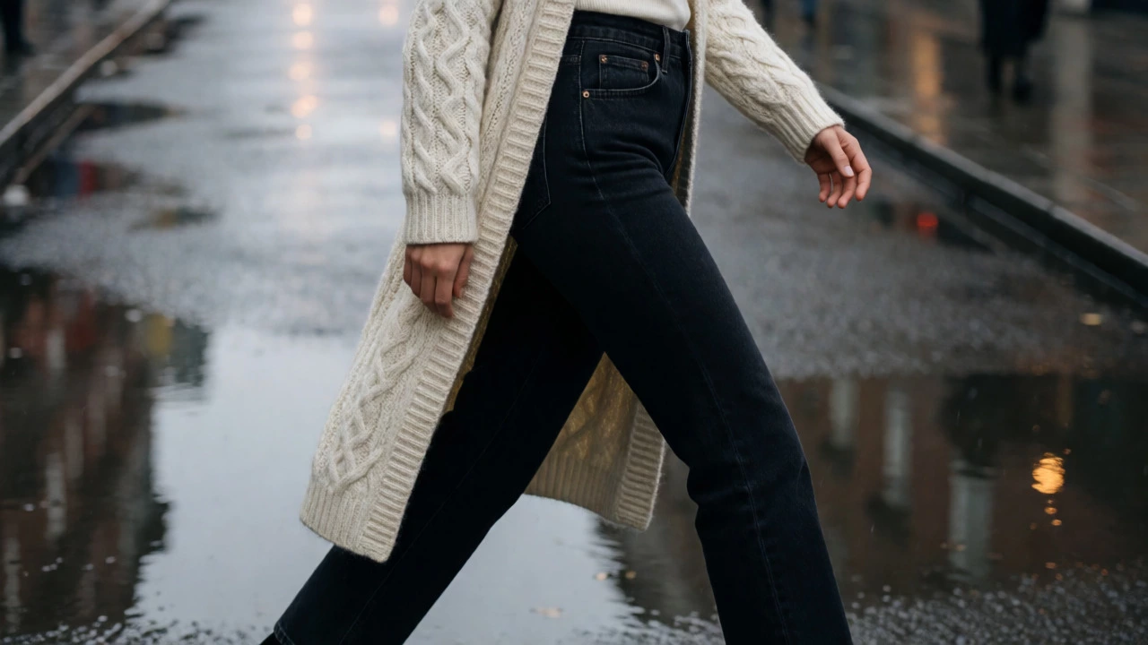 Street style on Grafton Street with high-rise jeans and cardigan