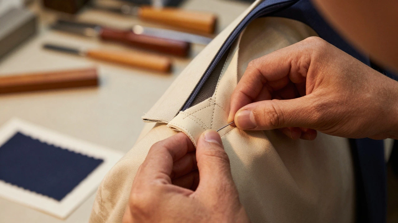 Tailor inspecting suit canvas construction