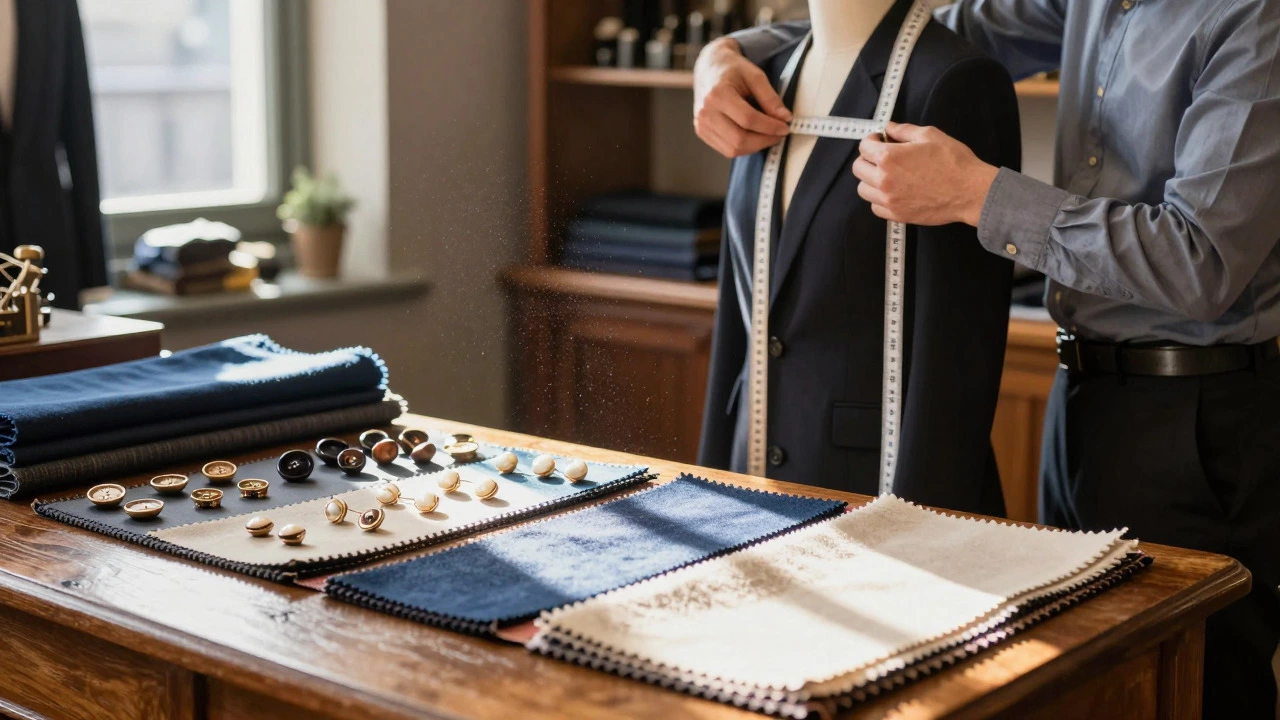 Tailor measuring a client in an Irish shop with horn buttons and fabric swatches on the table.