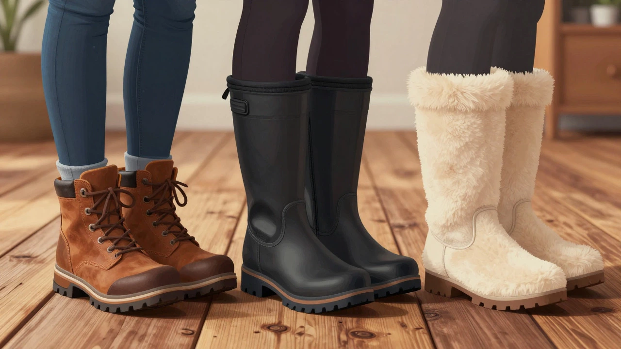Three pairs of women's boots displayed on a wooden floor showing different styles