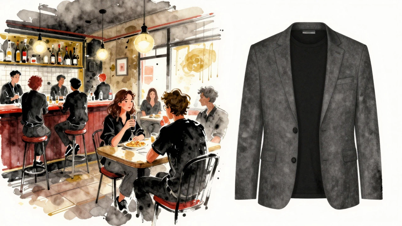 Watercolor illustration contrasting a casual pub scene with a professional office setting