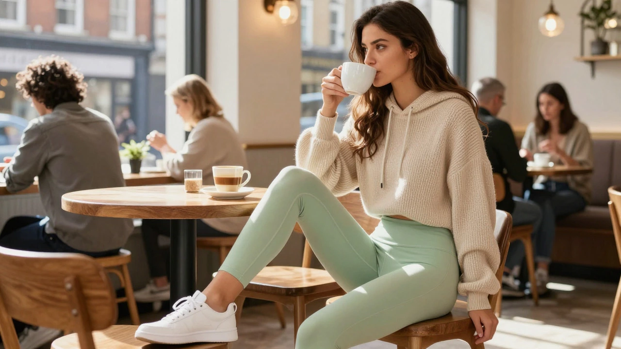 Woman in stylish athleisure drinking coffee in a cafe