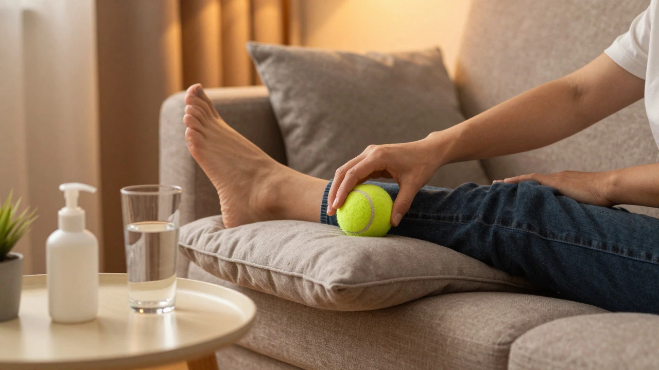 Worker elevating feet and using tennis ball for relief
