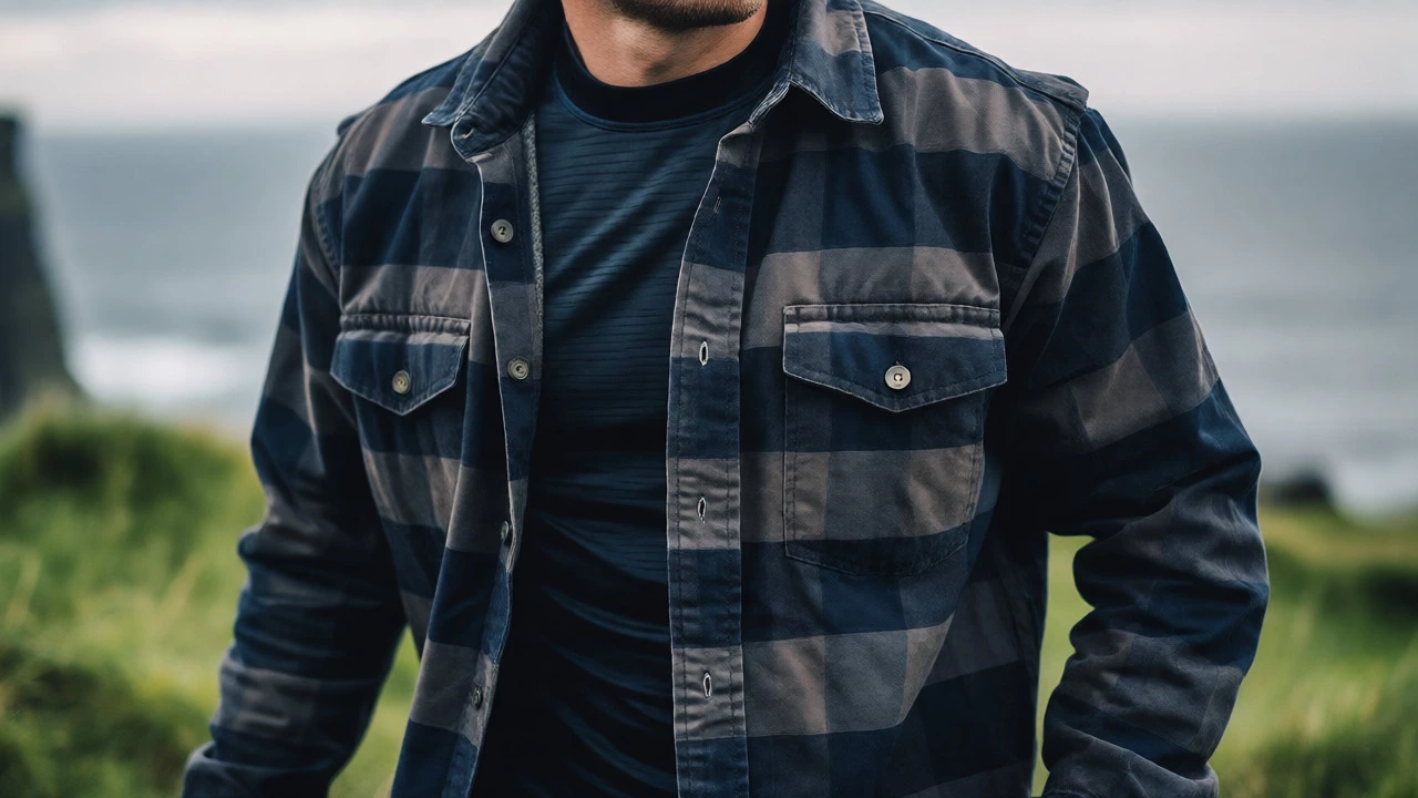 Close-up of a person wearing a rugged flannel overshirt outdoors near a coastal landscape.