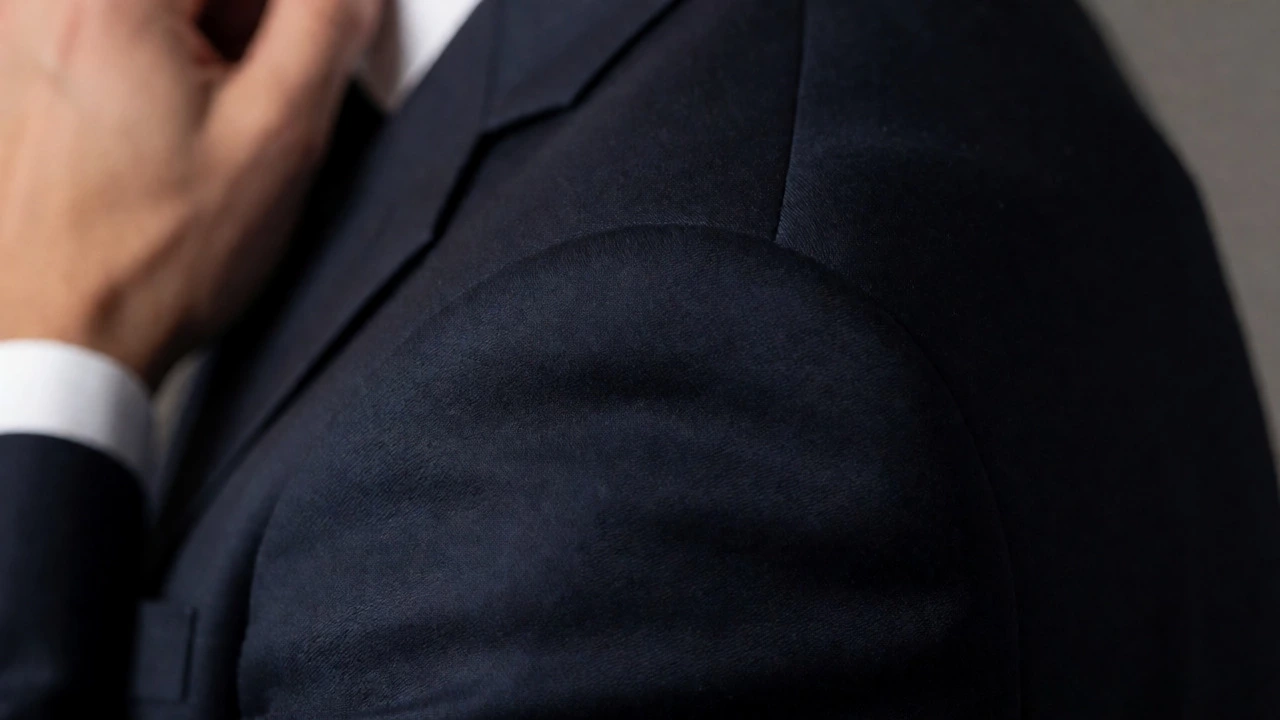 Close-up of a well-fitted suit jacket shoulder and sleeve on a man.