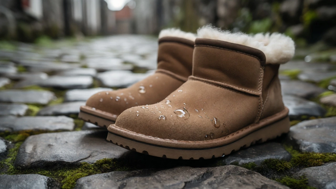 Close-up of suede sheepskin boots on wet mossy cobblestones in an Irish town