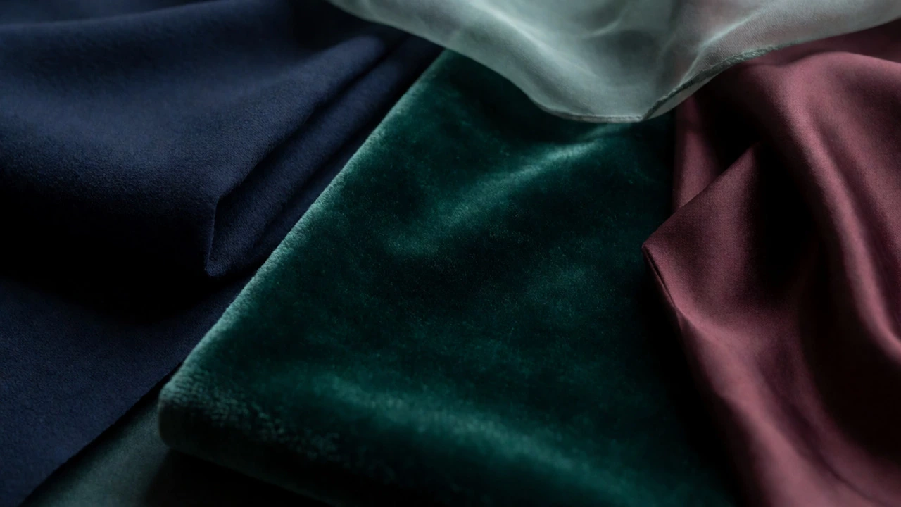 Close-up of velvet, wool, and satin fabric swatches in jewel tones for evening wear.