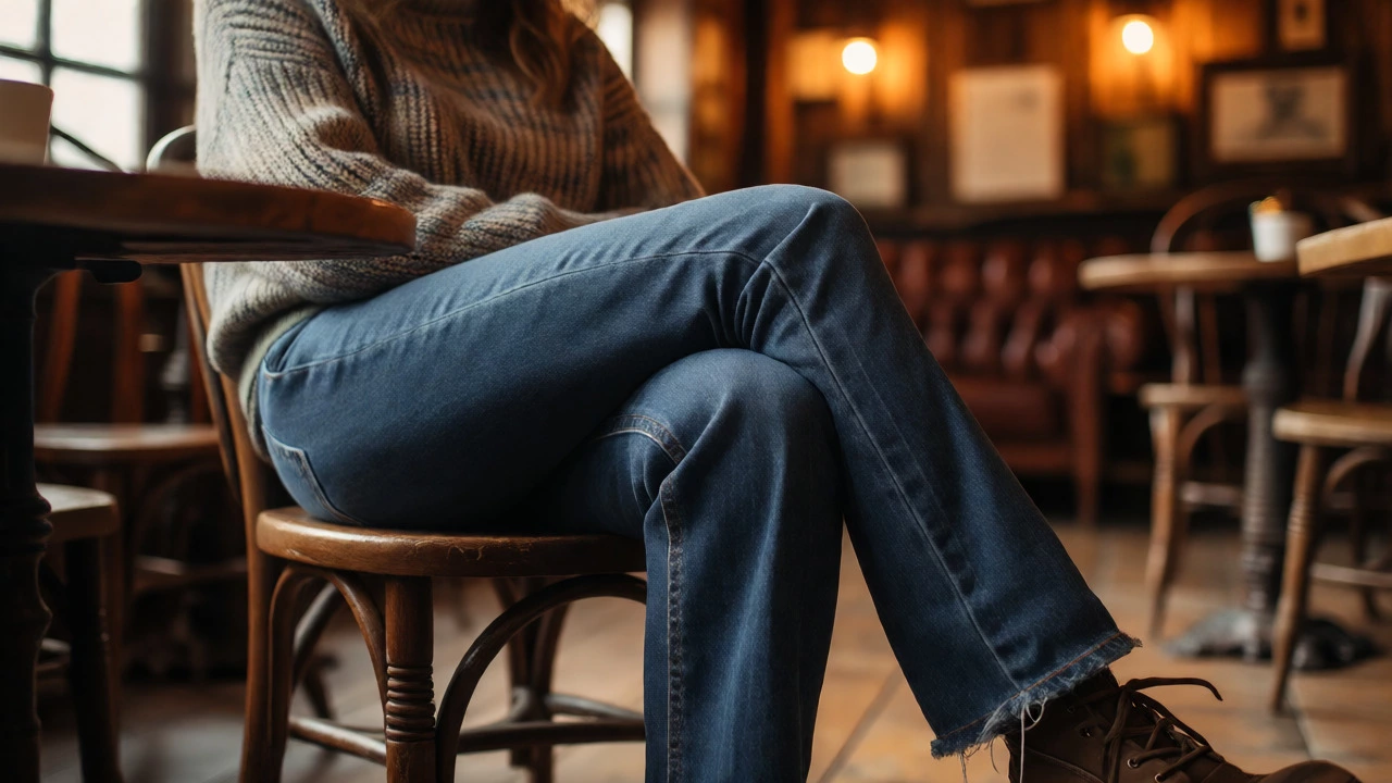 Close-up of well-fitted dark jeans worn by someone seated in a warm Irish cafe