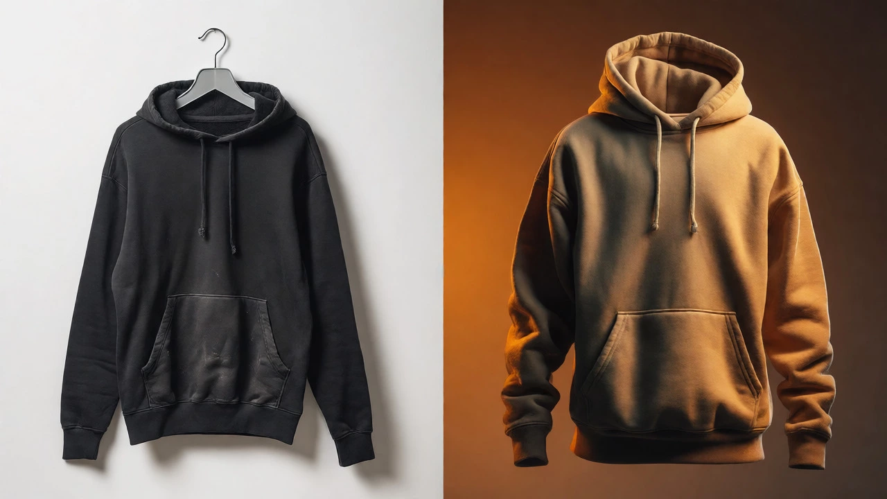 Comparison of a worn budget hoodie versus a high-quality premium hoodie