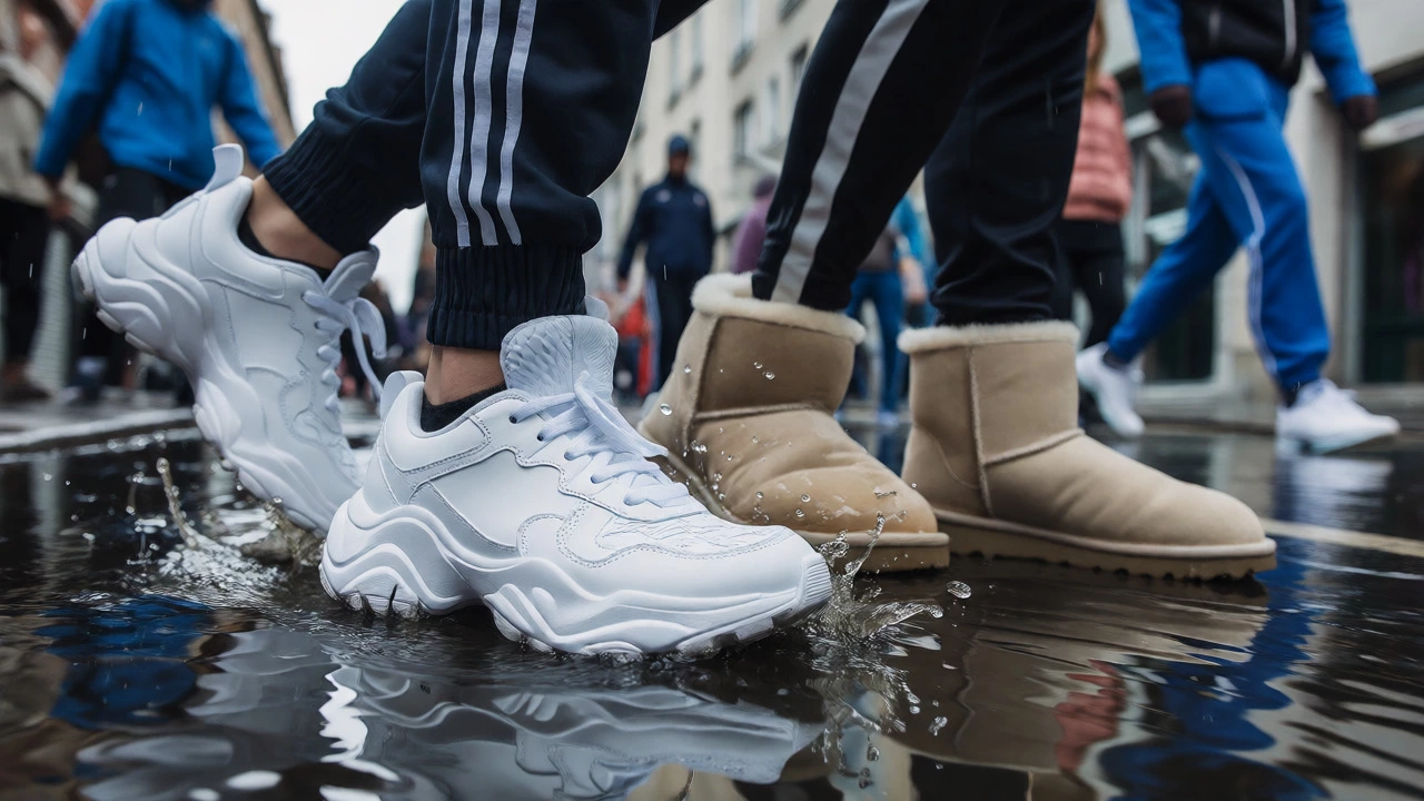 Comparison of waterproof sneakers versus soaked UGG boots navigating a puddle in Dublin.