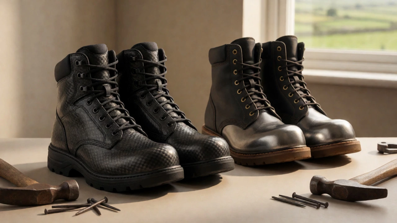 Composite and steel toe safety boots on workbench