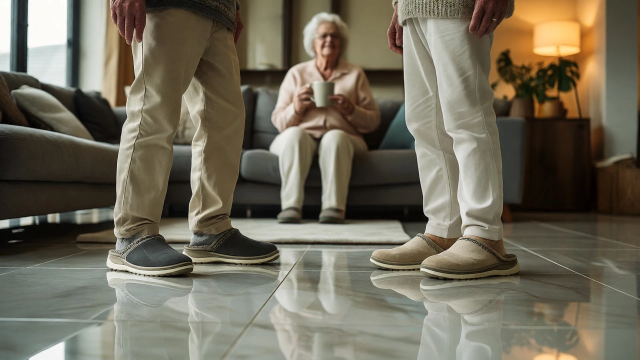 Elderly couple wearing supportive slippers on tiled floors in a modern home.