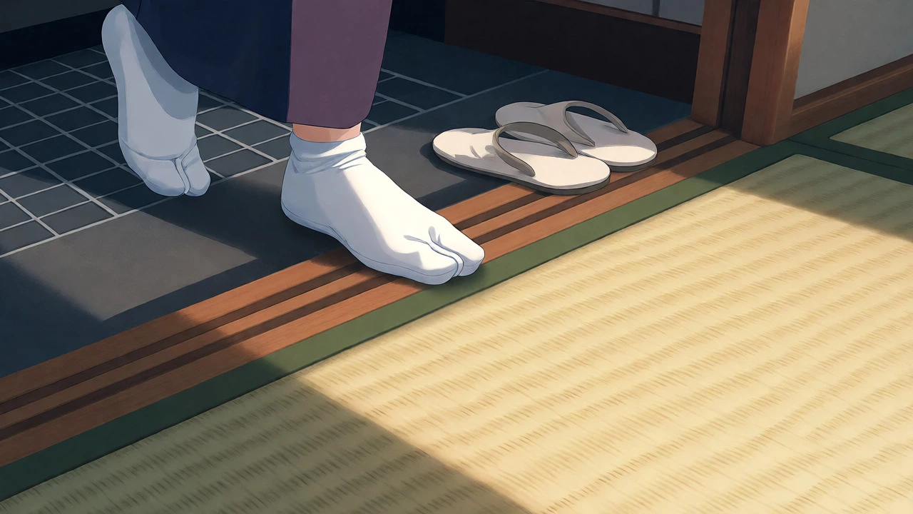 Feet in Tabi socks stepping onto tatami mats past indoor slippers at a genkan entrance.
