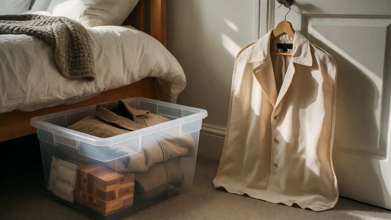 Folded puffer jacket in a bin with cedar blocks and a hanging garment bag.