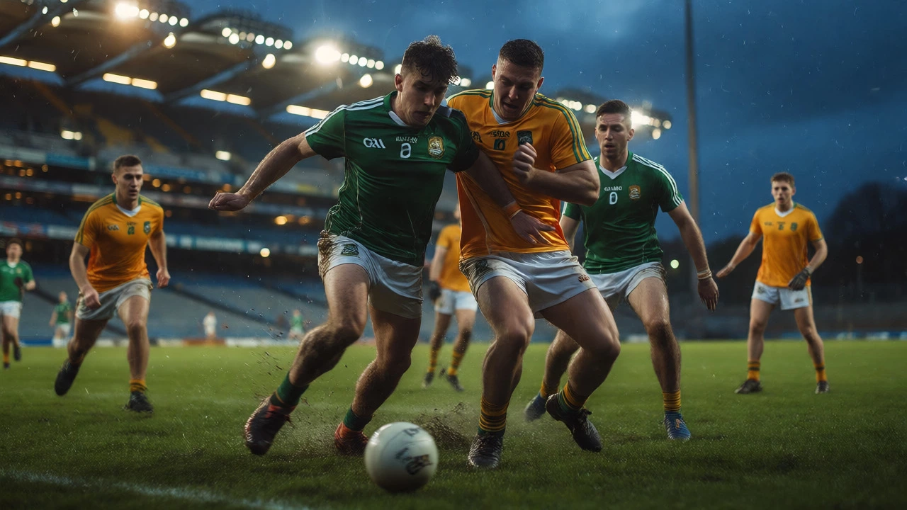 Gaelic football players tackling in mud during rainy match