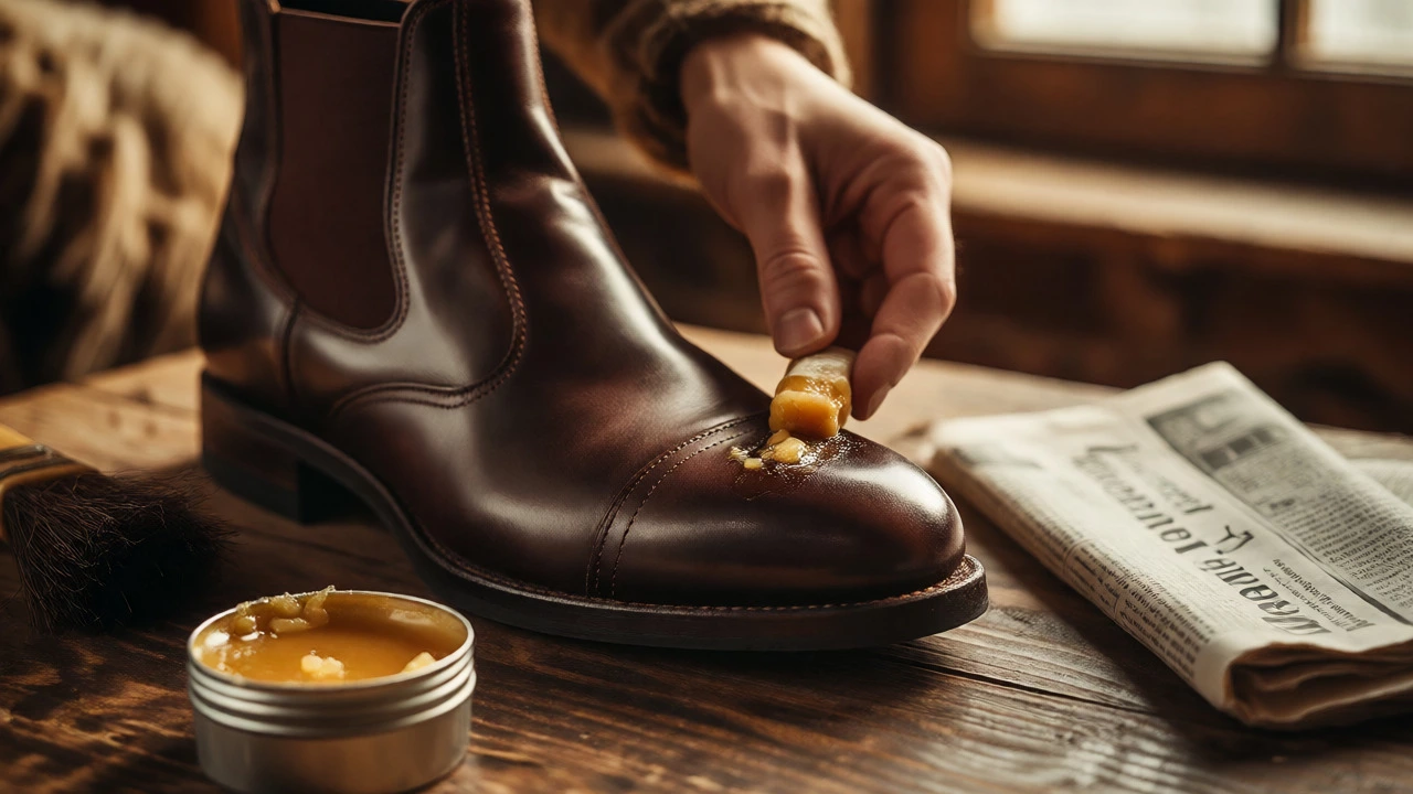 Hand conditioning a leather boot with beeswax on a bench