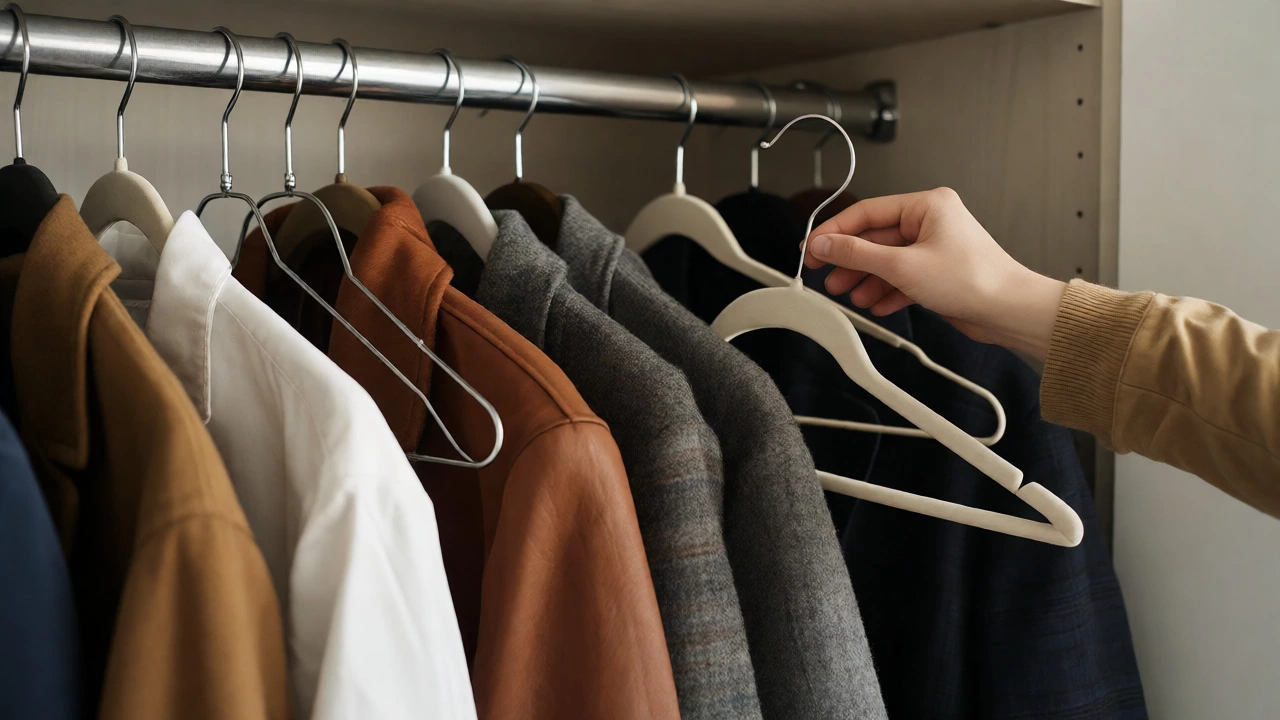 Hand replacing a wire hanger with a velvet one on a crowded clothing rail.