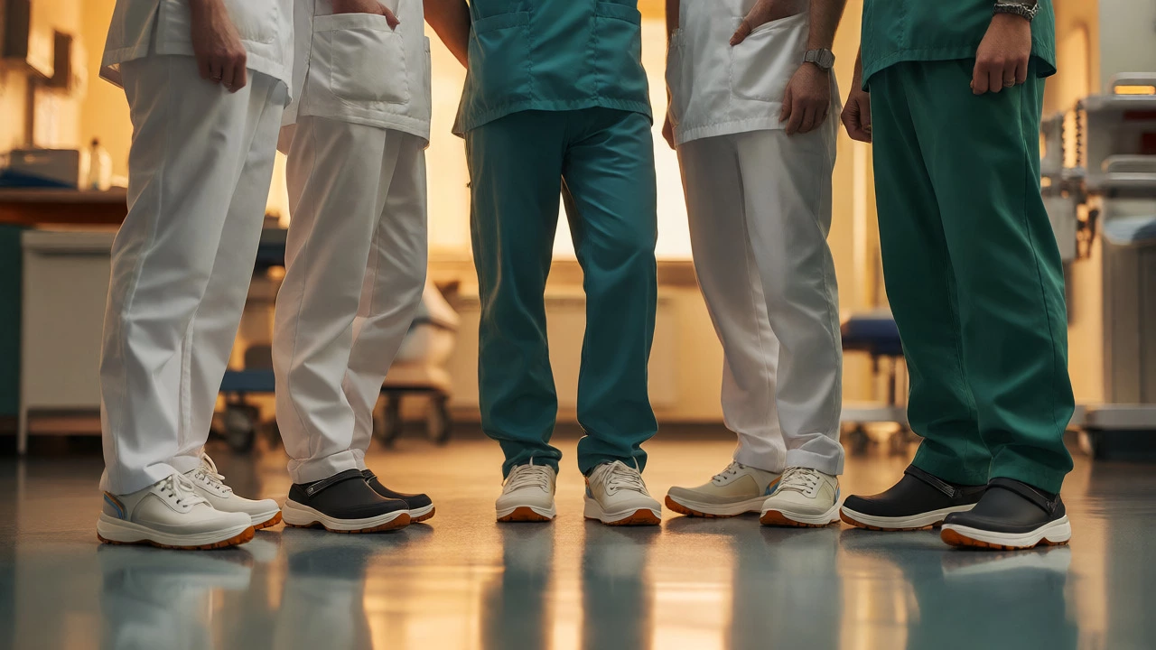 Healthcare staff wearing compliant neutral medical shoes in a ward